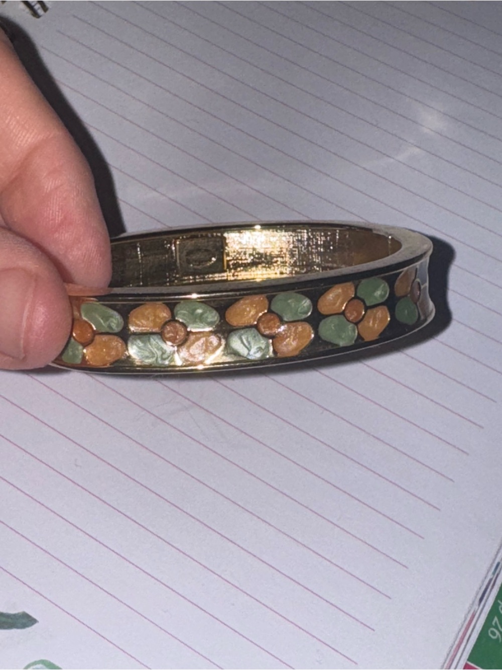 Gold-Tone Floral Enamel Bangle Bracelet in Green and Peach